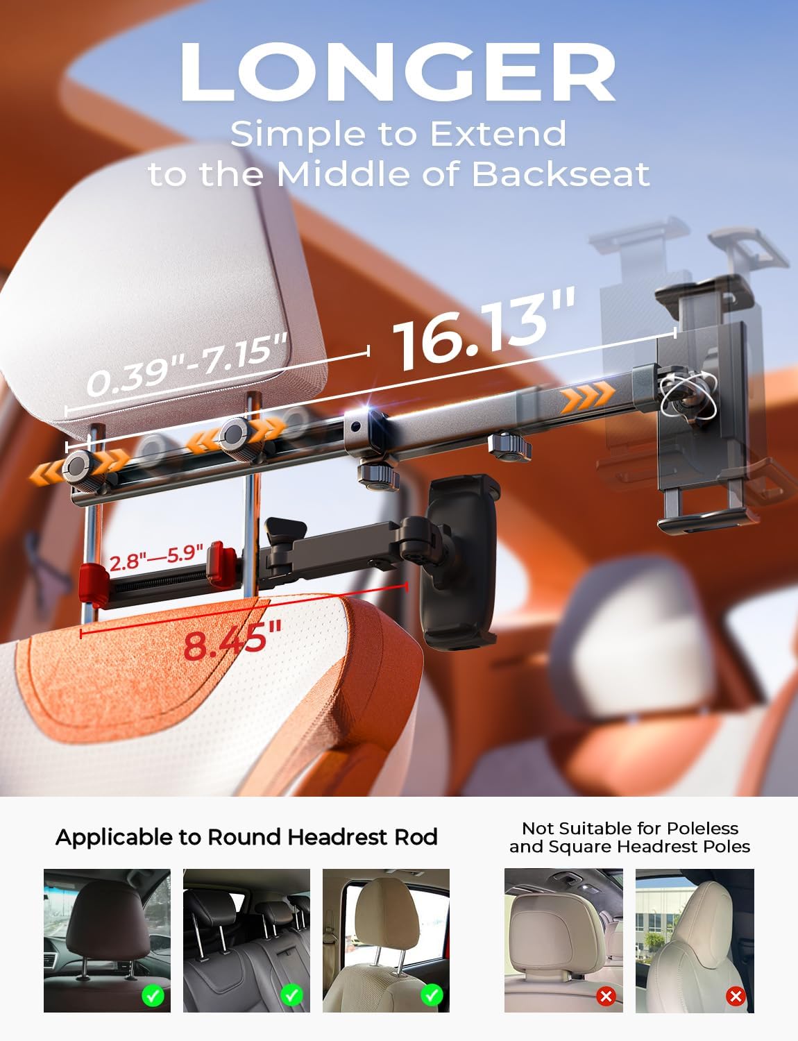 LISEN 3-in-1 Car Backseat Tablet Mount (Model 2E547) - Secure 4-Axis Holder for Kids Entertainment