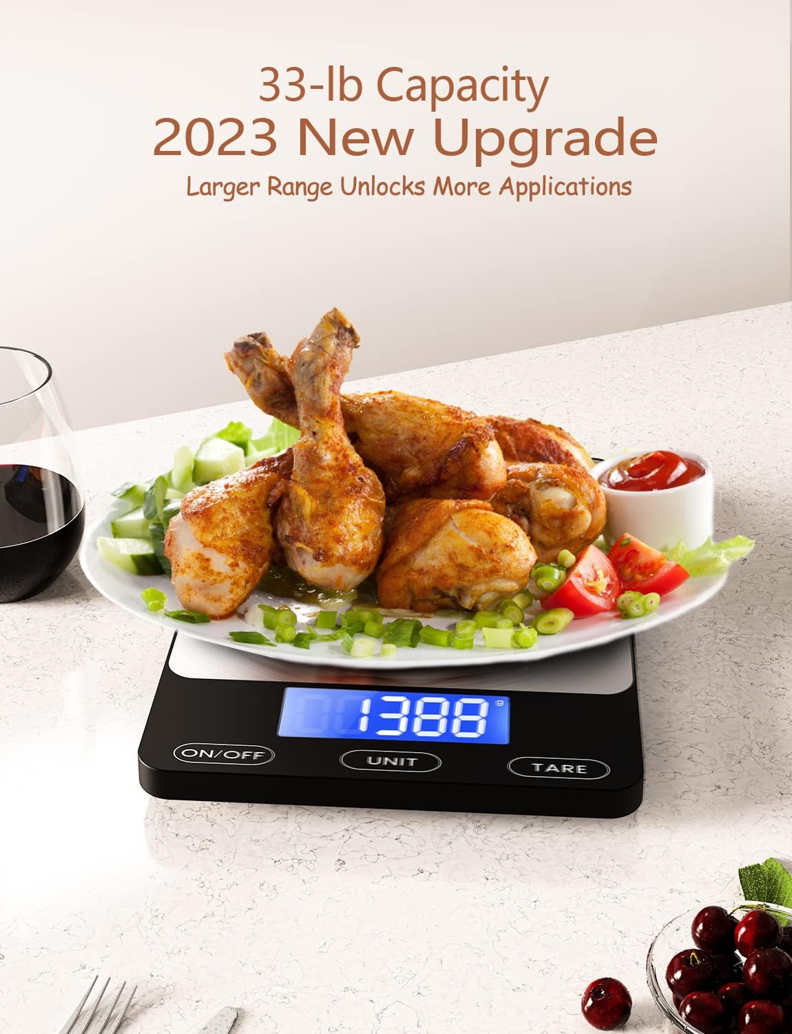 Digital Kitchen Food Scale - 33lb Rechargeable Stainless Steel with Tare & Auto-Off | GGQ