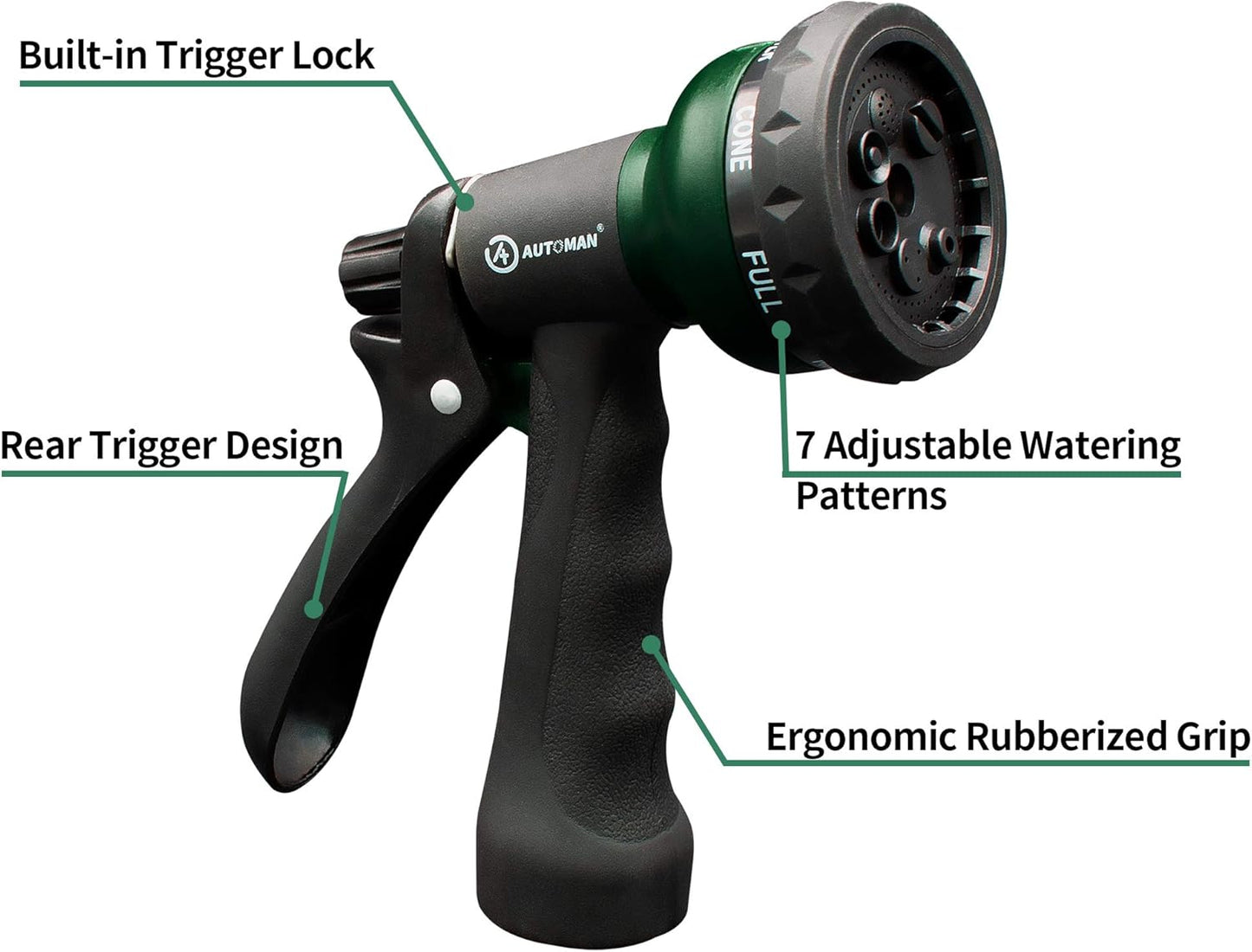 7-Mode Garden Hose Nozzle by AUTOMAN - Adjustable Water Spray Patterns for Lawn & Car Washing
