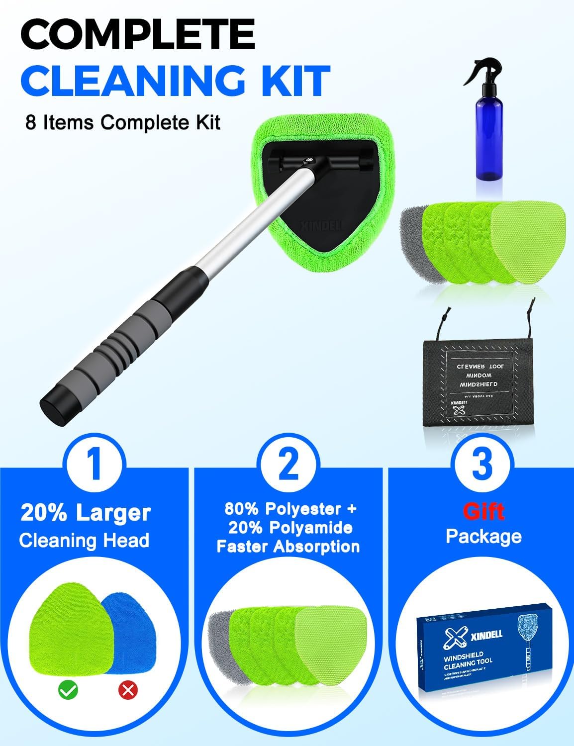 XINDELL Extendable Car Windshield Cleaner Kit with Microfiber Pads