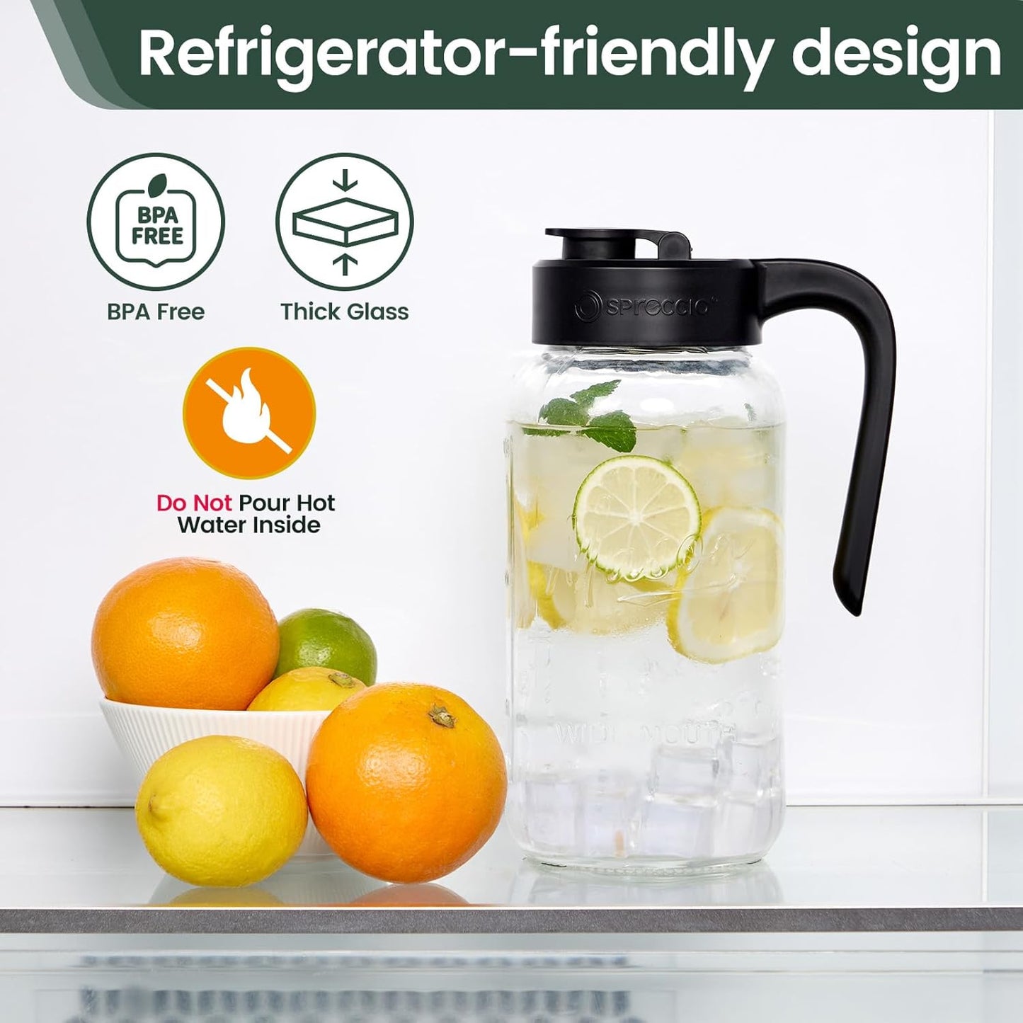 Spreccio Airtight Mason Jar Pitcher - Leakproof Glass Jug for Sun Tea & Breastmilk, 2 Quart