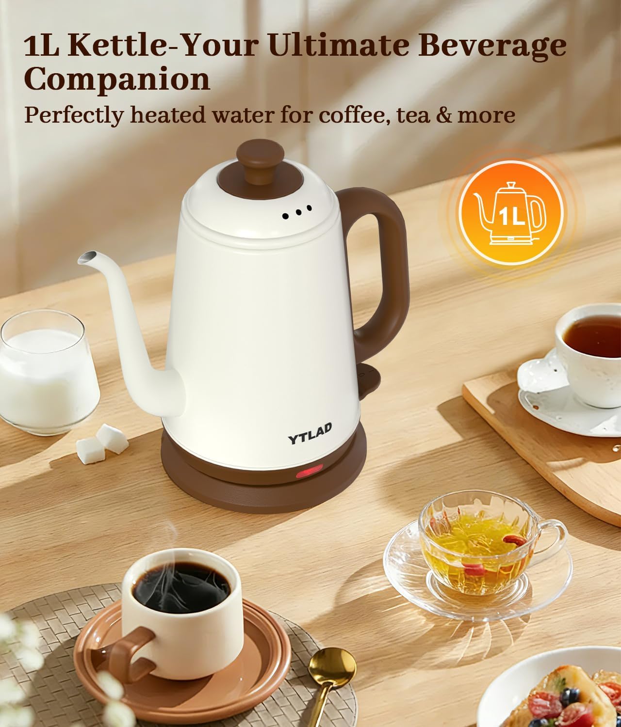 YTLAD Retro-Style Gooseneck Electric Kettle 1L - 1000W Fast Boil for Coffee & Tea
