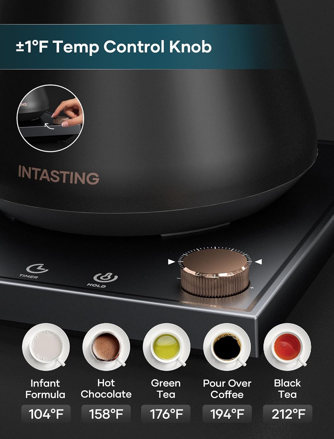 Gooseneck Electric Kettle for Pour Over Coffee - Precise ±1°F Temp Control by INTASTING