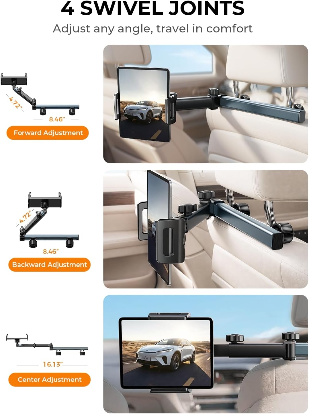 LISEN 3-in-1 Car Backseat Tablet Mount (Model 2E547) - Secure 4-Axis Holder for Kids Entertainment