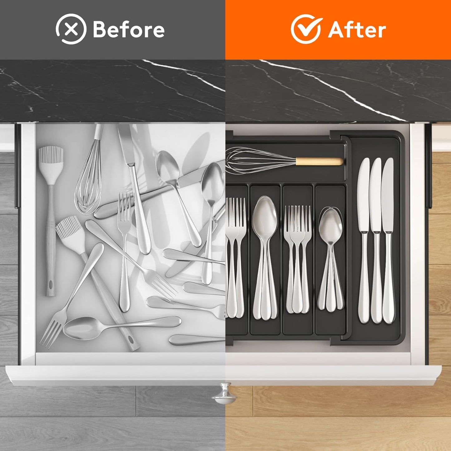 Lifewit Expandable Silverware Organizer - Kitchen Drawer Utensil Holder (8-13.8") Black