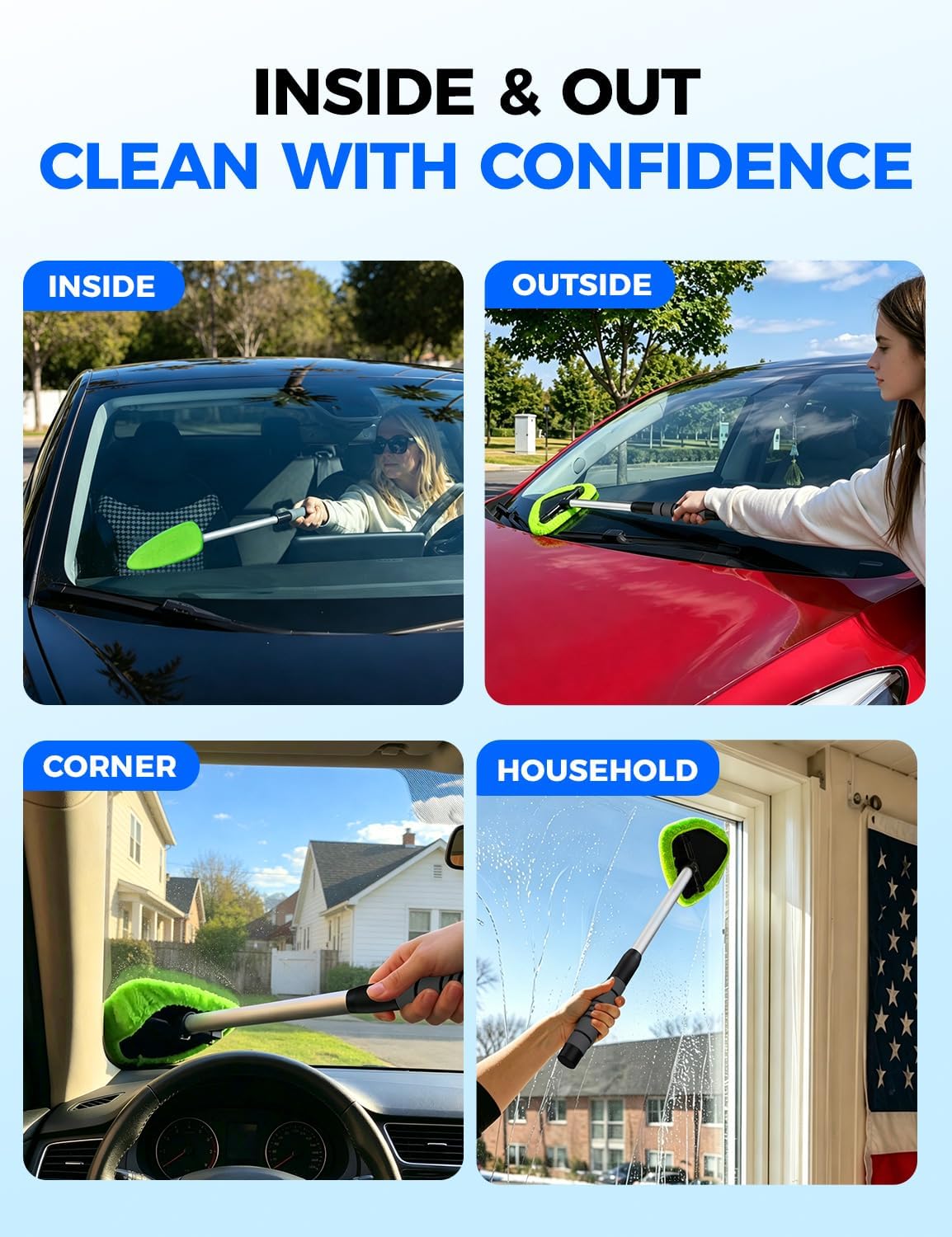 XINDELL Extendable Car Windshield Cleaner Kit with Microfiber Pads