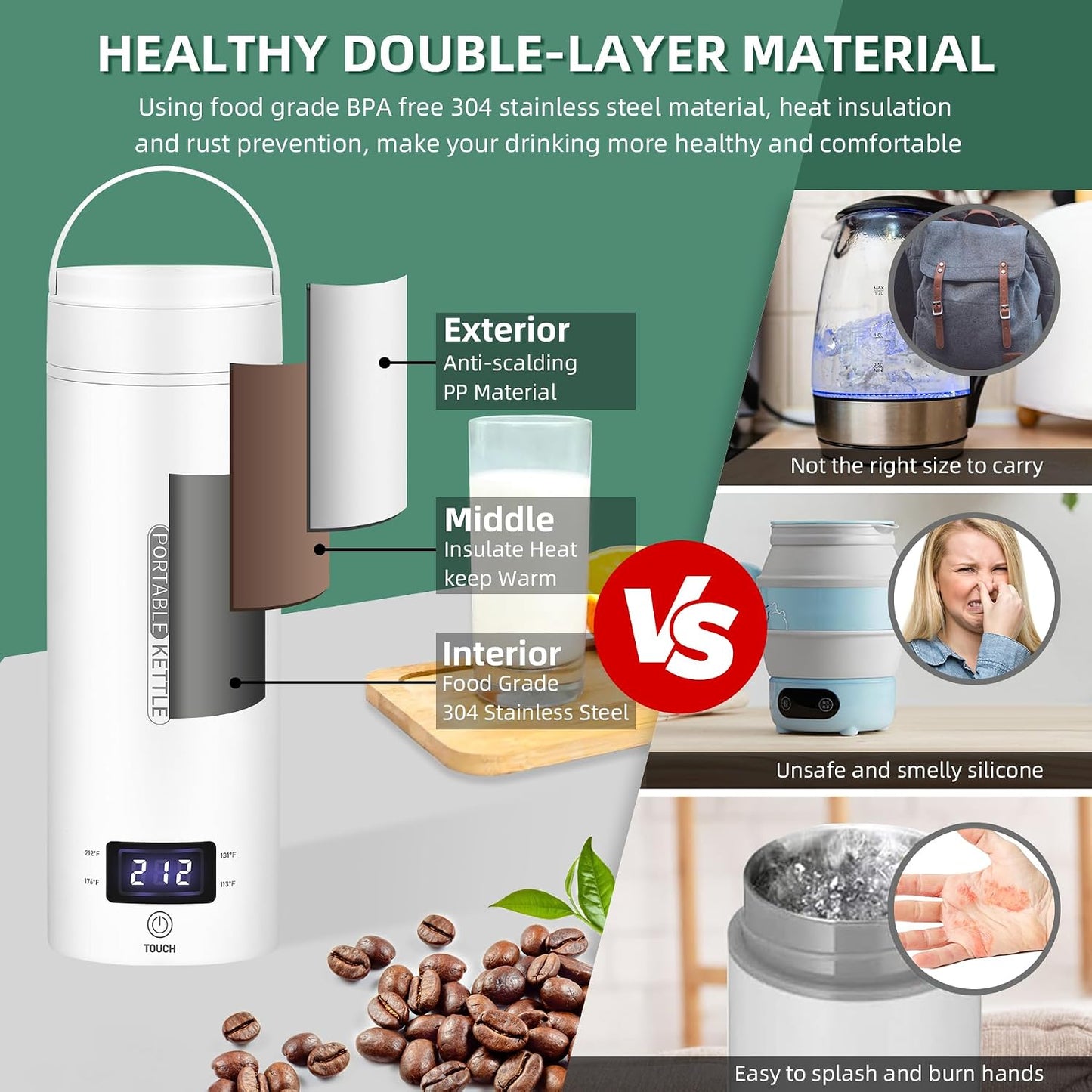 QRAGJBM Portable Travel Electric Kettle - 450ml Mini Water Boiler with 4 Temperature Presets & Auto Shut-Off