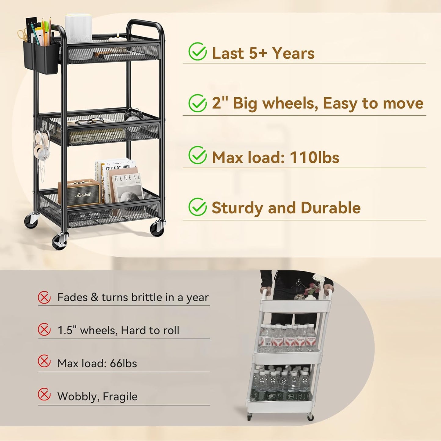 YASONIC 3-Tier Rolling Metal Cart with Wheels - 110 lb Capacity Storage Utility Cart for Kitchen/Office