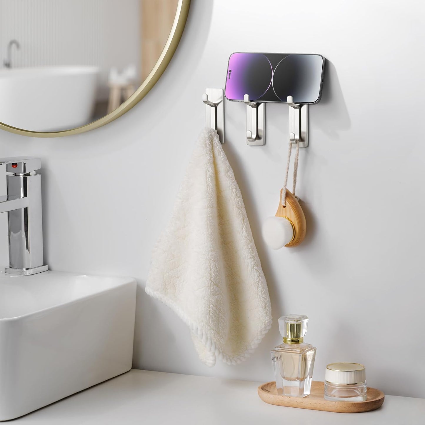 Pickpiff 4-Pack 13LB Strong Adhesive Wall Hooks for Coat & Towel - Brushed Nickel