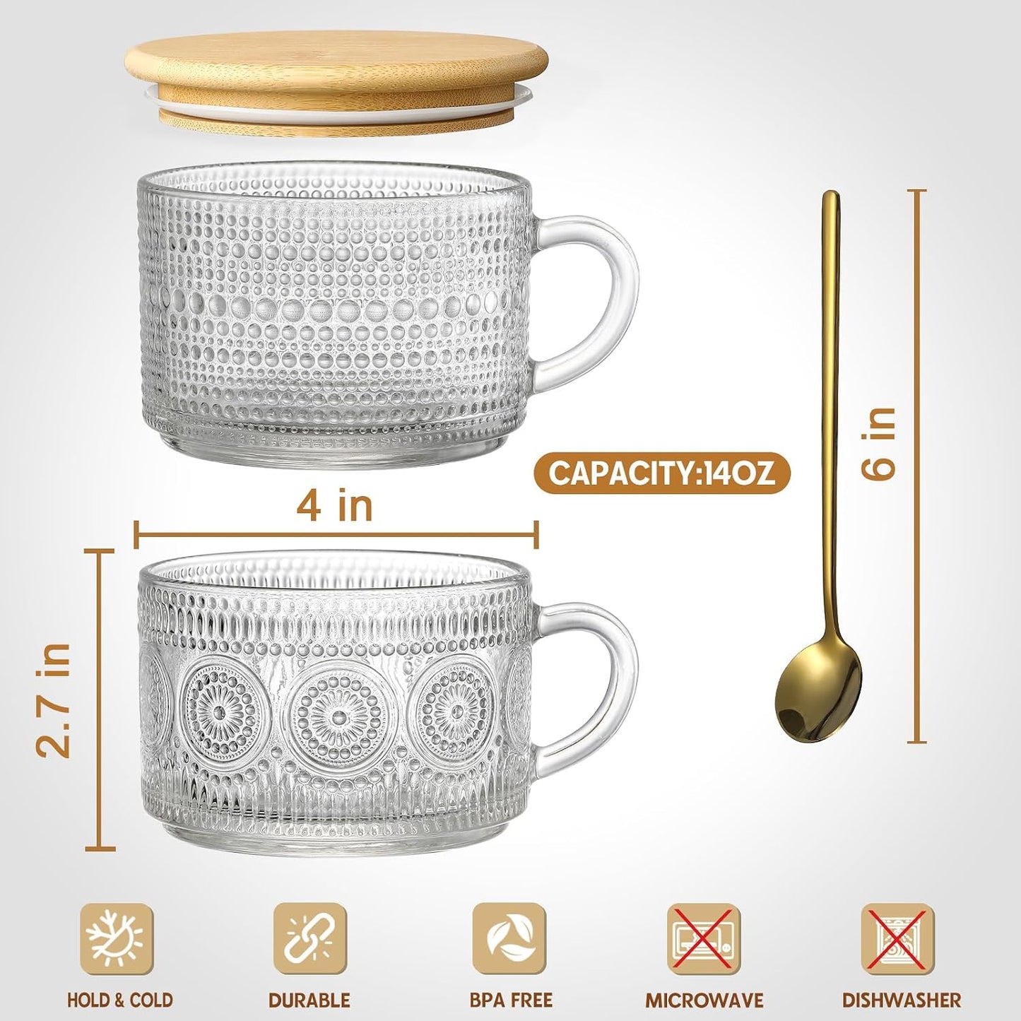 LANDNEOO Vintage Glass Coffee Mug Set (4-Piece) with Bamboo Lids & Spoons
