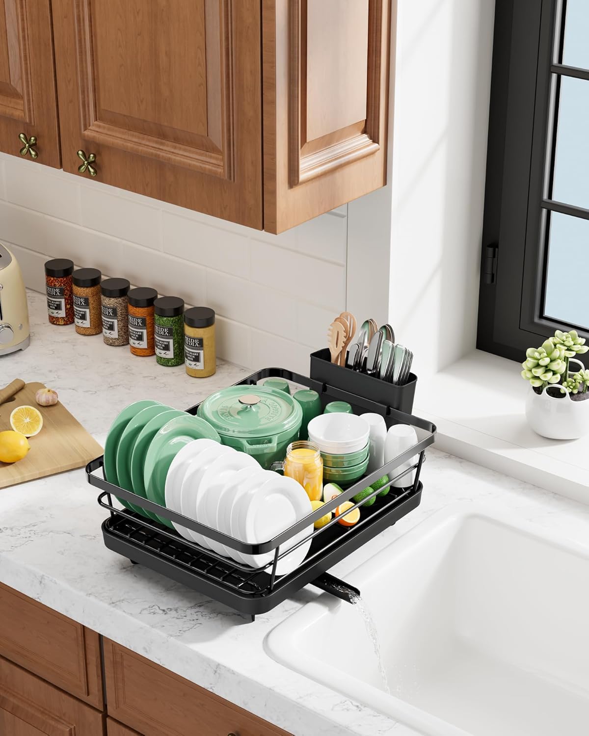 Kitsure Compact Dish Drying Rack for Small Kitchens - Stainless Steel Sink Organizer with Detachable Cutlery Holder, 12x15.5