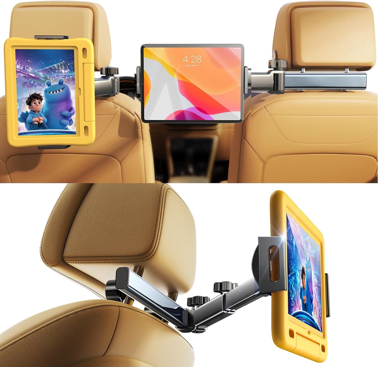 LISEN 3-in-1 Car Backseat Tablet Mount (Model 2E547) - Secure 4-Axis Holder for Kids Entertainment