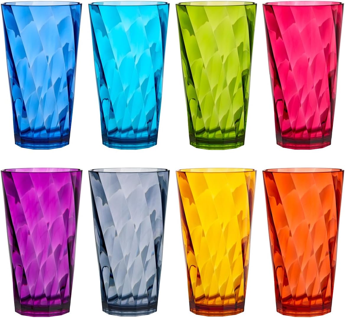 US Acrylic Optix 20oz Reusable Tumblers Set of 8 - BPA-Free, Dishwasher Safe Jewel Tone Plastic Cups
