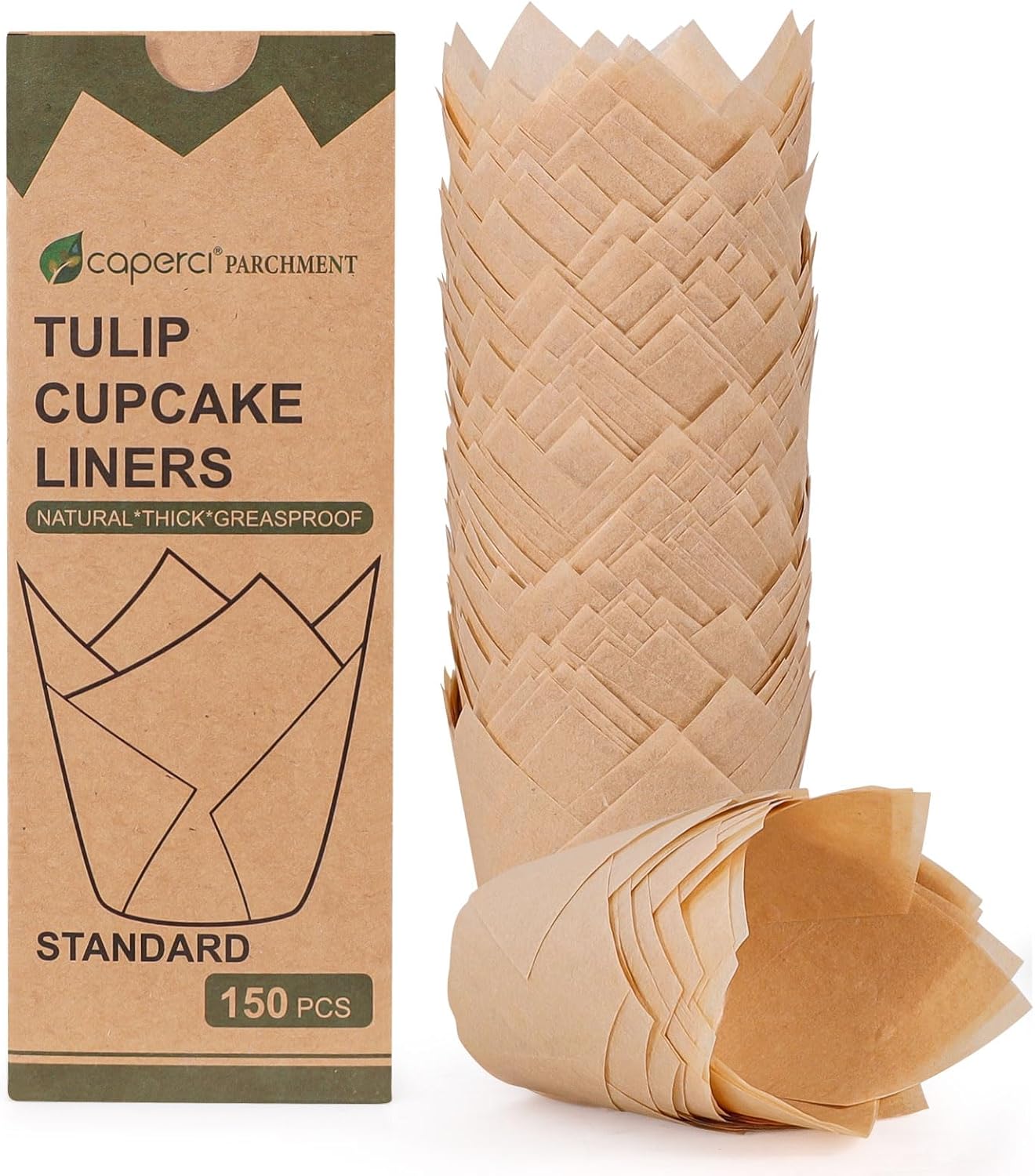 Caperci 150 Count Natural Tulip Unbleached Parchment Cupcake Liners for Baking