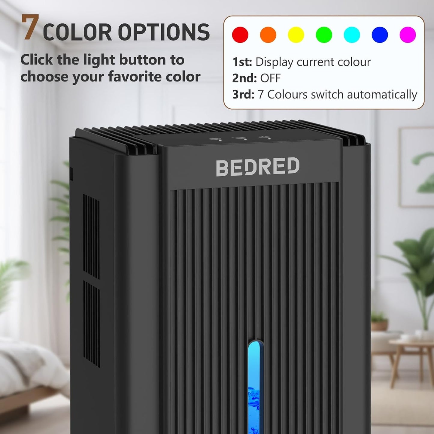 Quiet Home Dehumidifier with Auto Shut Off & 7-Color Light - BEDRED CT11