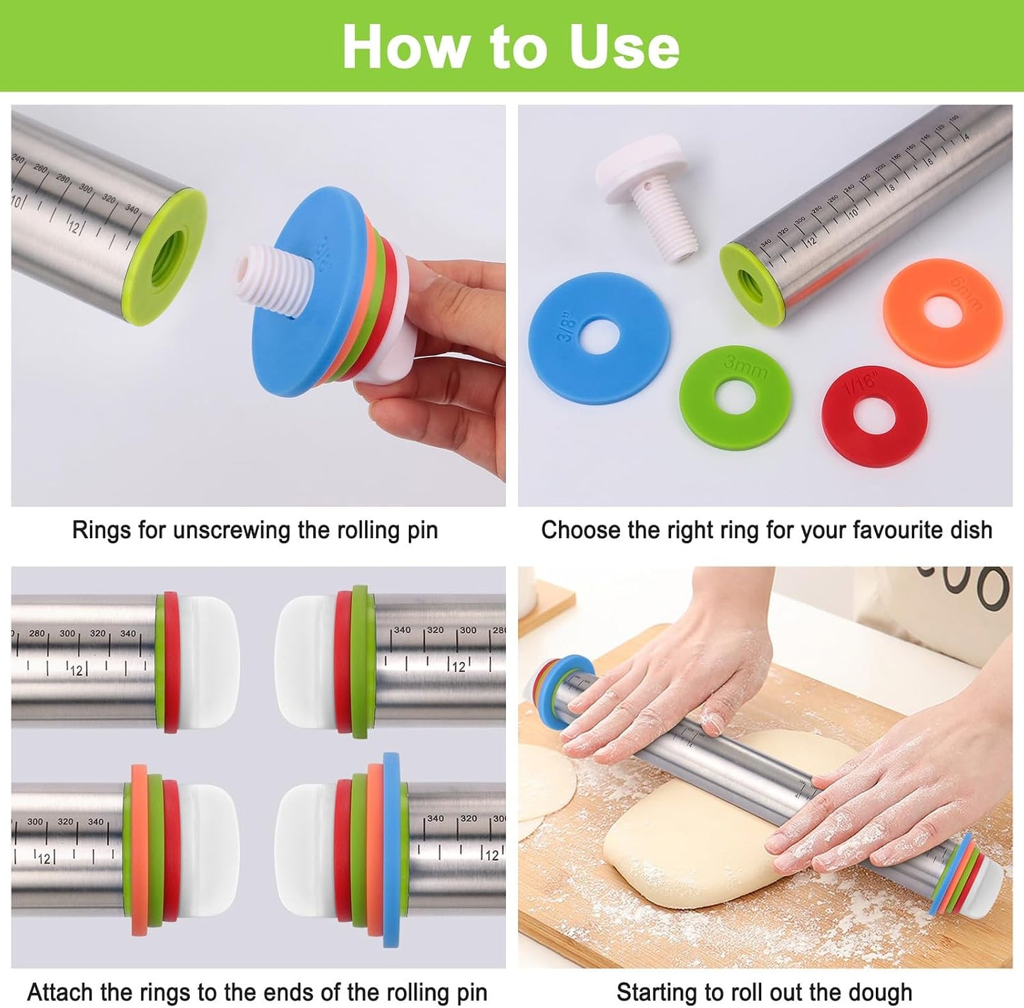 BIDFUL Adjustable Stainless Steel Rolling Pin with Thickness Rings - 17" Dough Roller for Baking