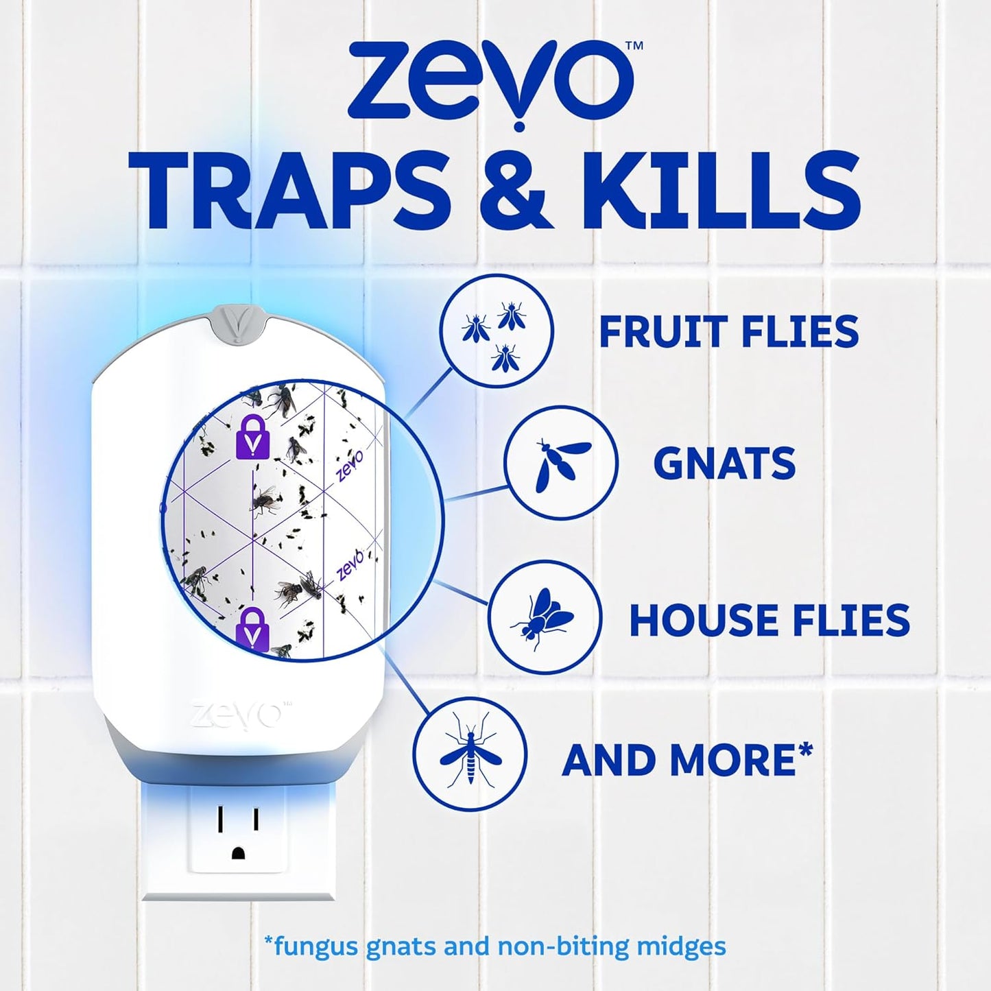 Zevo Official Fly Trap Refills (4 Count) - No Fragrance, Blue Light Lures Gnats & Flies