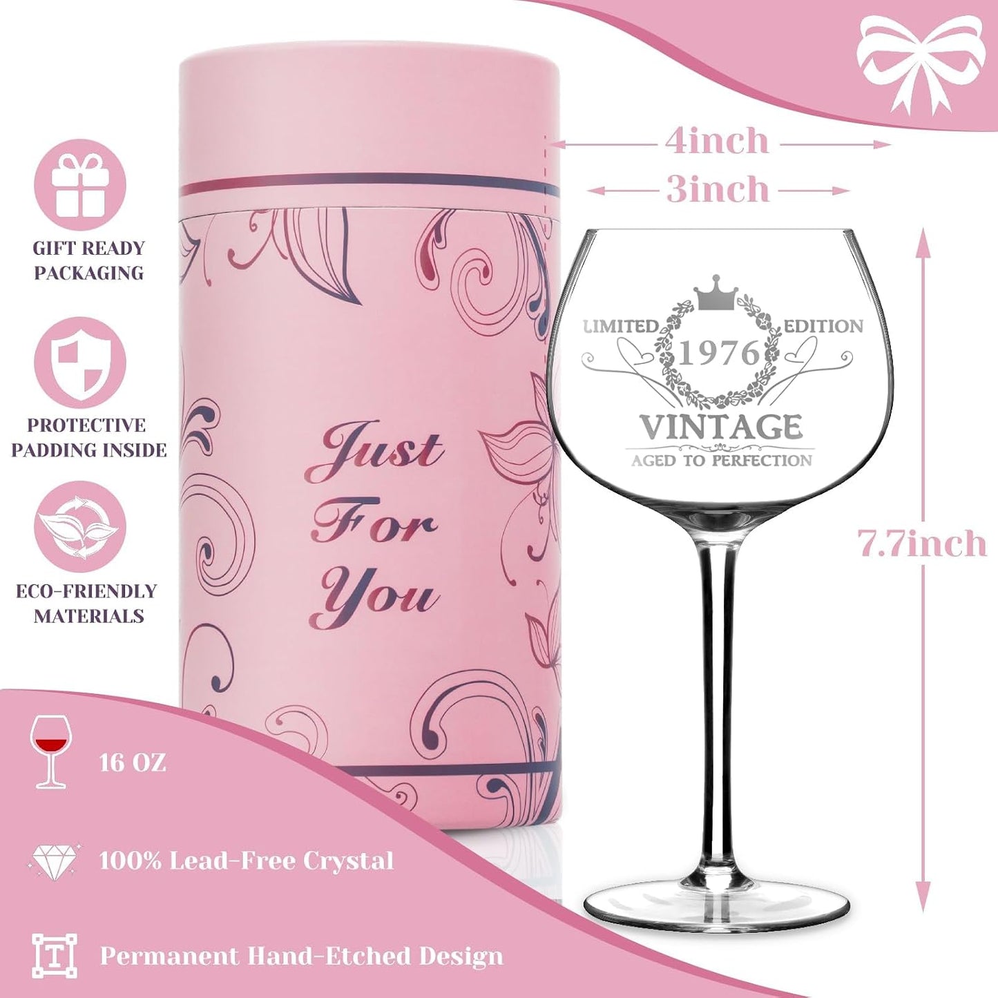 Gumry Vintage 1976 Engraved 50th Birthday Wine Glass Set - Break Resistant Lilac Glassware for Women, 16oz Capacity