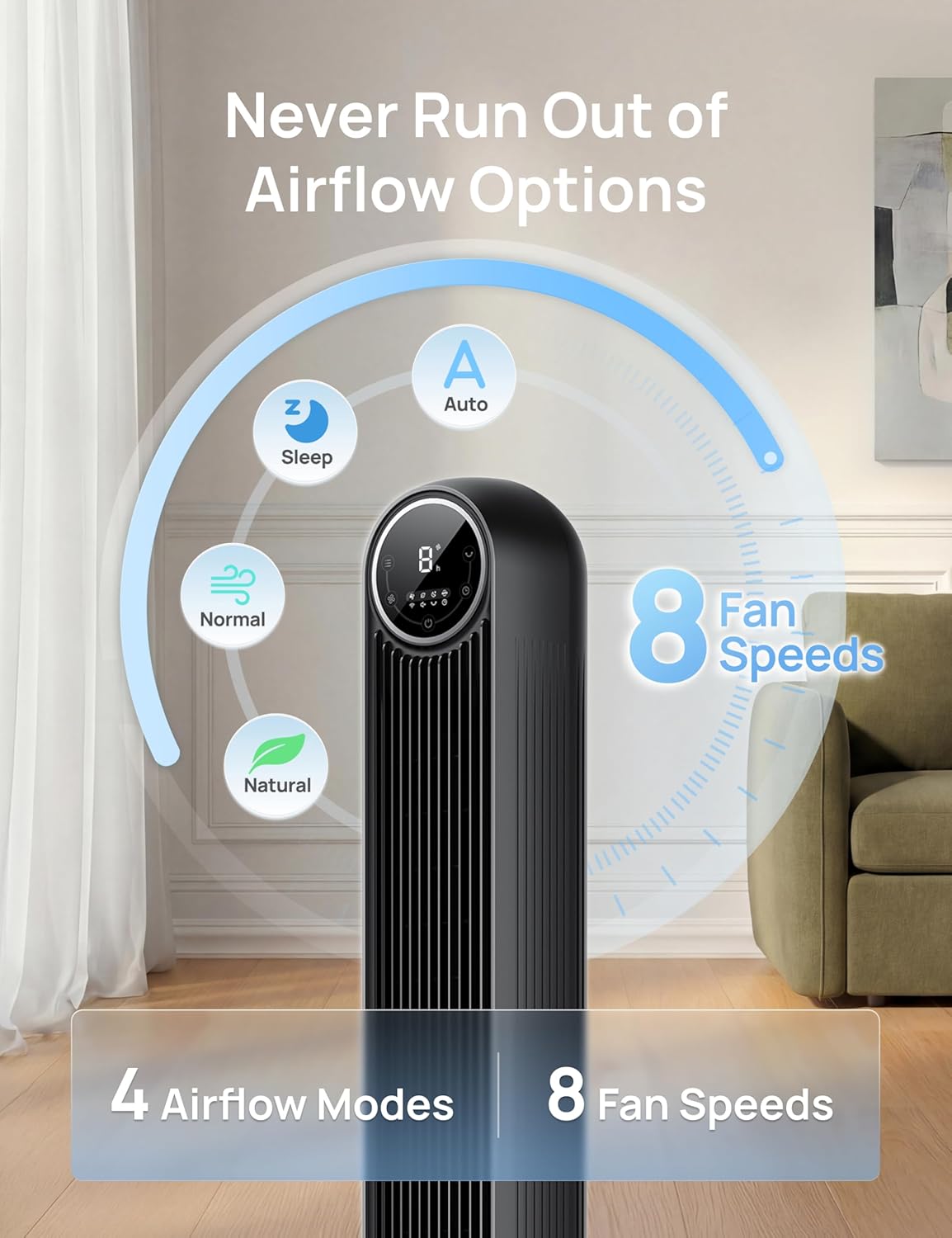 DREO Quiet Bedroom Tower Fan DR-HTF007 - Upgraded DC Motor, 20dB Ultra-Quiet, 8 Speeds