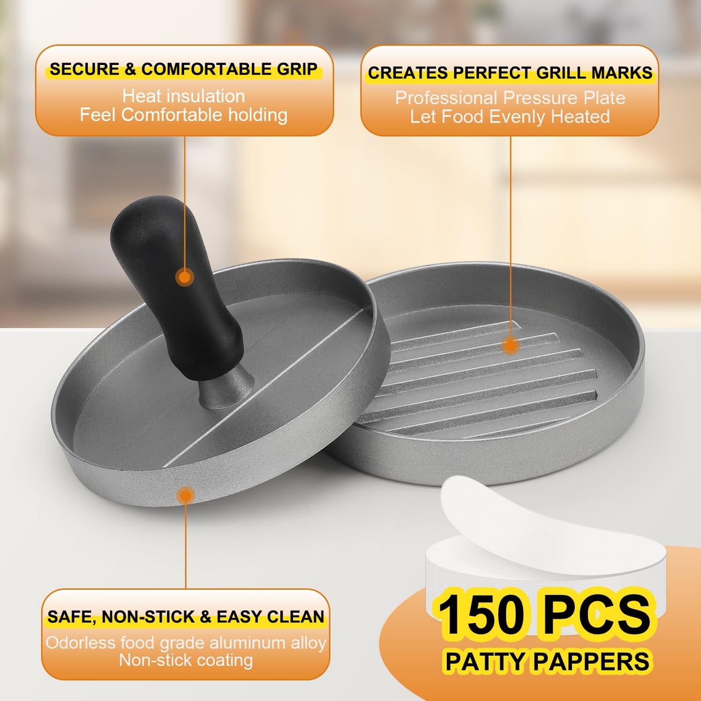 TACGEA Burger Press with 150 Non-Stick Patty Papers - Aluminum Grill Tool for Perfect Patties