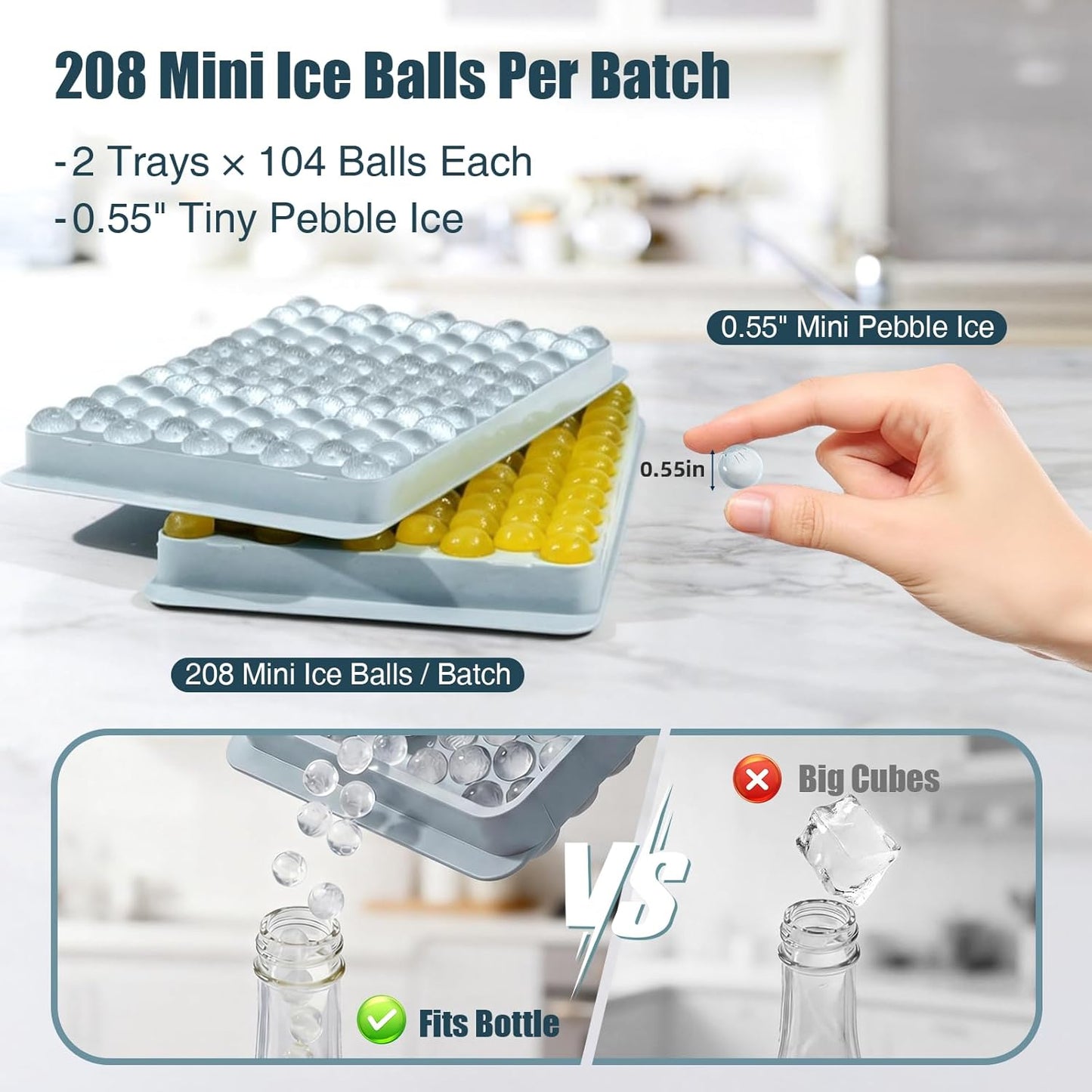 WIBIMEN Tiny Ice Cube Trays - 0.55" Pebble Ice for Iced Coffee & Cocktails (2 Pack, Blue)