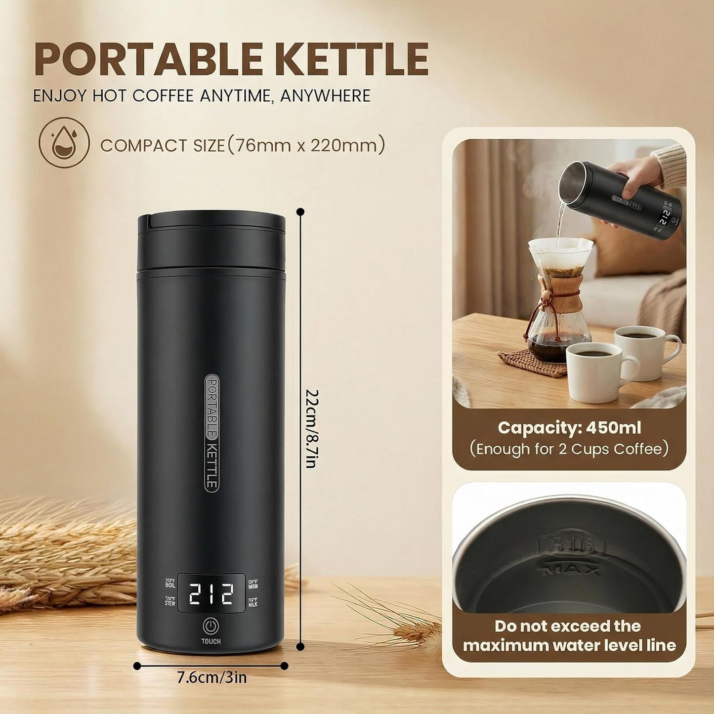 Portable Electric Travel Kettle with 4 Temp Settings & Auto Shut-off (SY-618), Black