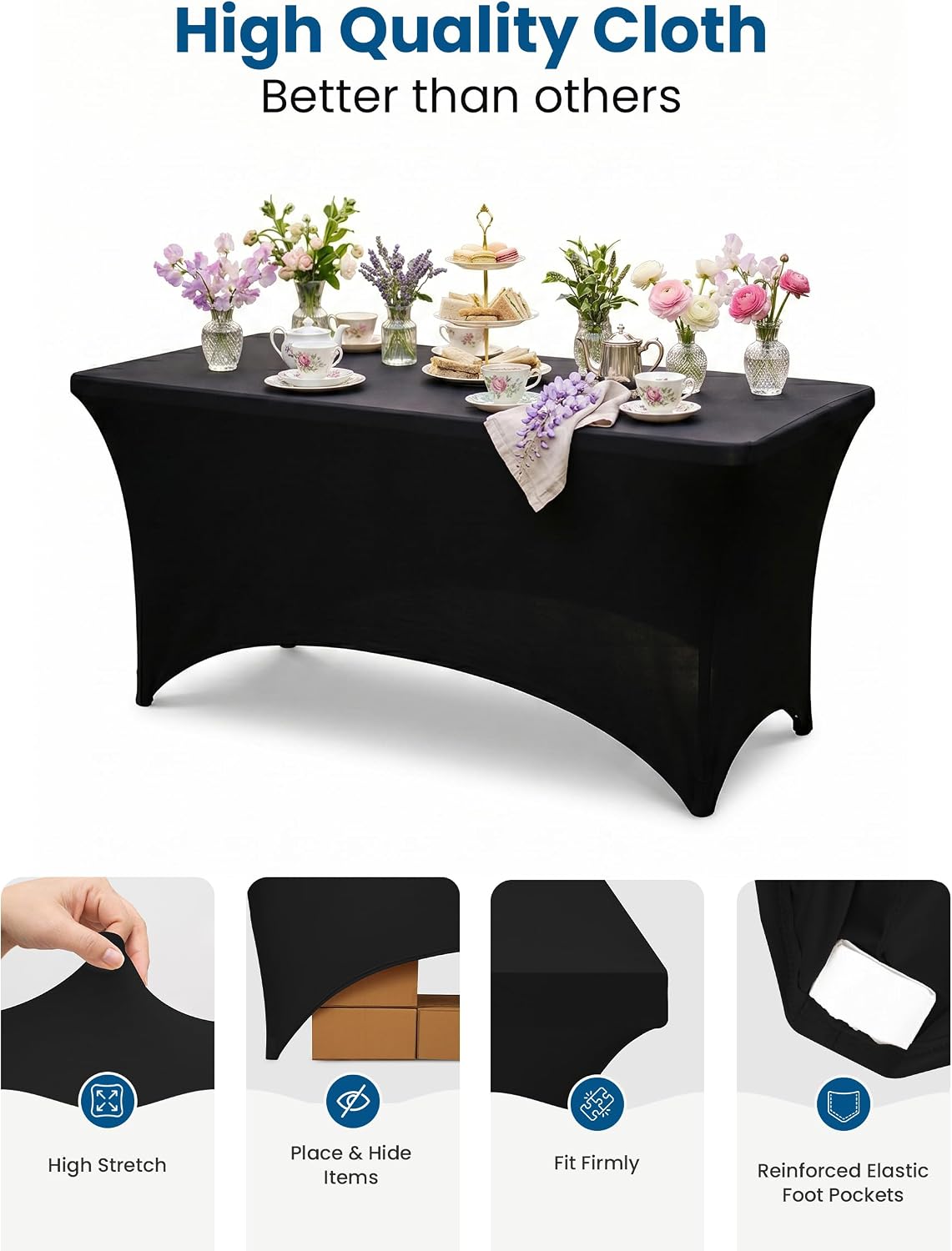 Utopia Kitchen 6-Foot Stretch Tablecloth 2-Pack - Black Fitted Spandex Cover for Events & Weddings