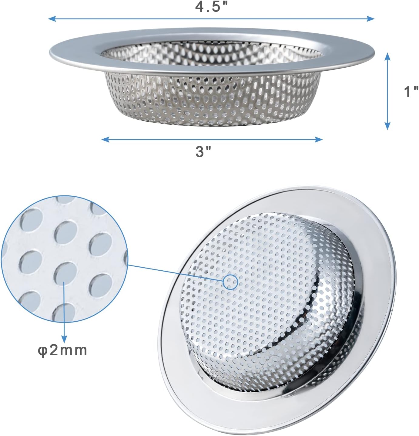 Honmein 2-Piece Stainless Steel Sink Strainer - Double-Layer Safety Design, Rustproof Kitchen Drain Filter