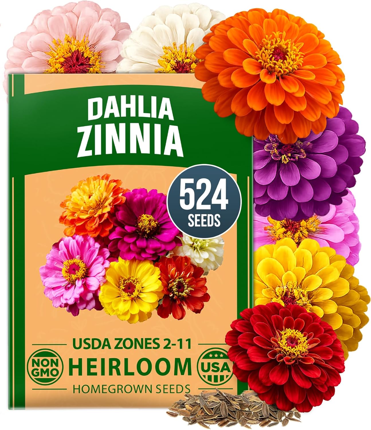 HOME GROWN Zinnia Dahlia Seeds - 524 Non GMO for Vibrant Pollinator Gardens