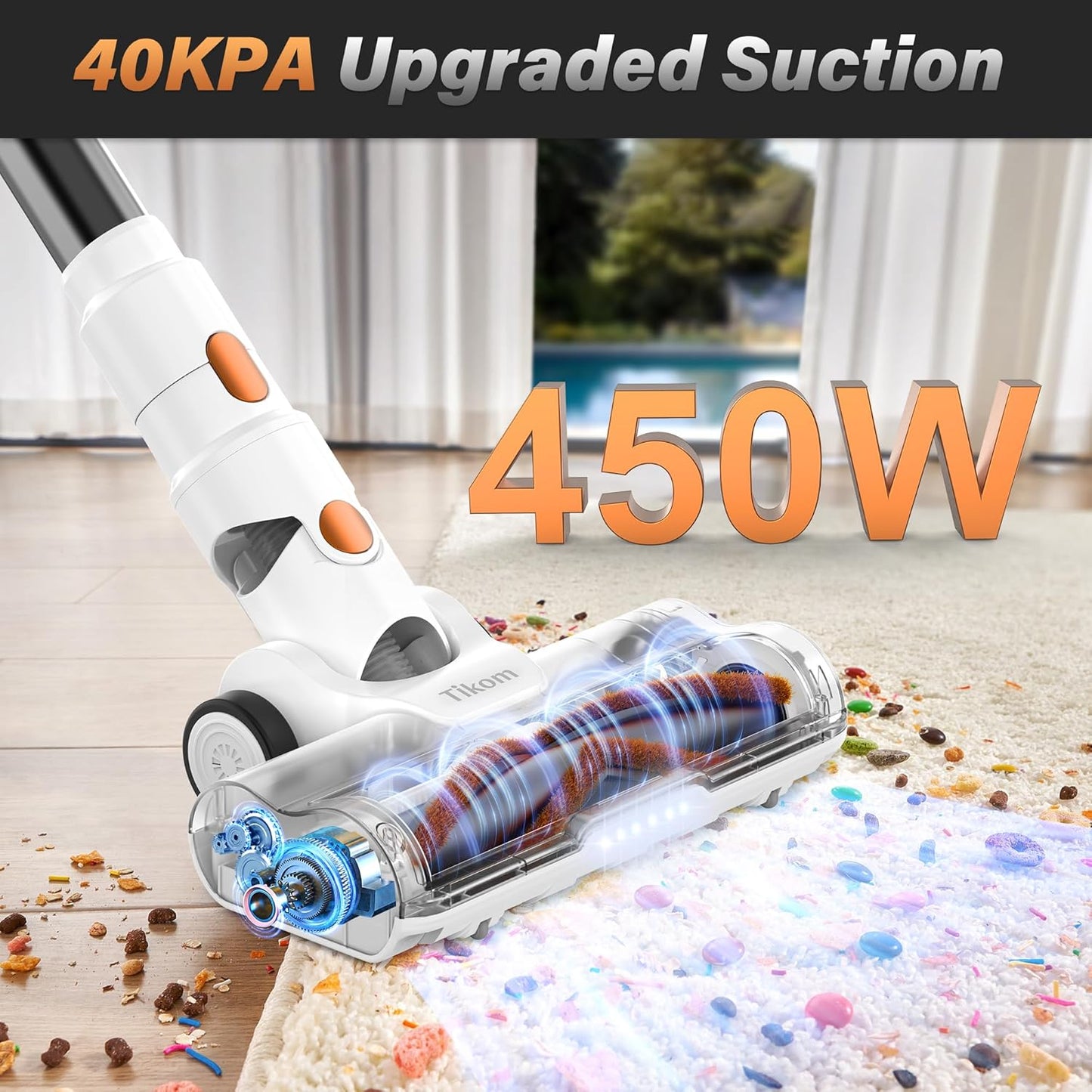 Tikom V500 Cordless Stick Vacuum - 40Kpa Suction for Pet Hair & Hard Floors