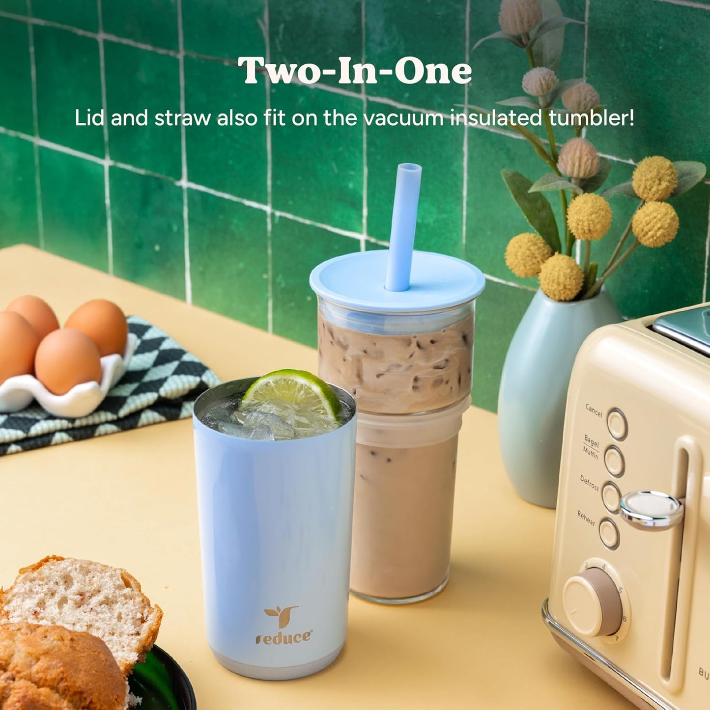 REDUCE 20 oz Vacuum Insulated Glass Tumbler with Lid & Straw - Keeps Drinks Cold 12 Hrs