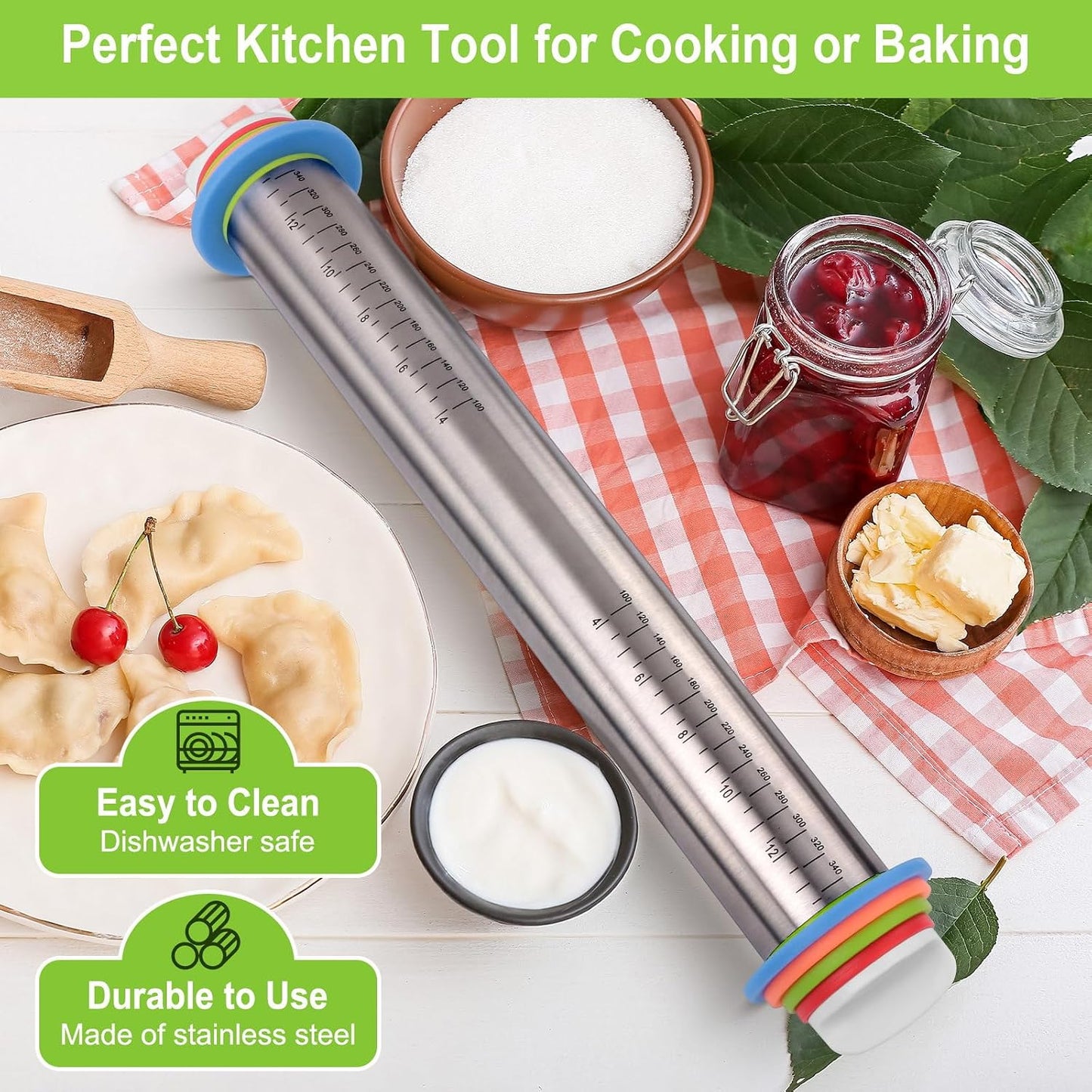 BIDFUL Adjustable Stainless Steel Rolling Pin with Thickness Rings - 17" Dough Roller for Baking