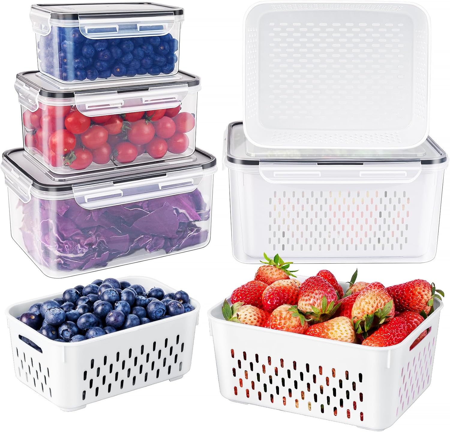 Freshmage 4-Piece Airtight Fridge Fruit Storage Containers with Removable Colanders - Keep Produce Fresher Longer