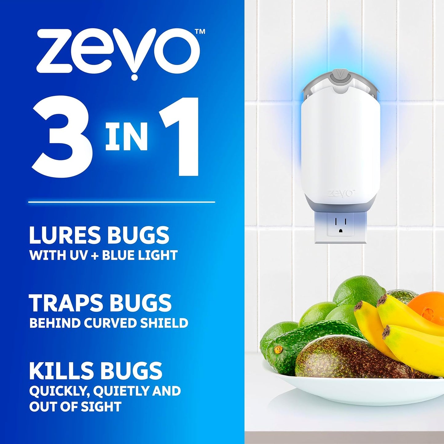 ZEVO Plug-in Indoor Fly Trap with Blue/UV Light - No-Mess Cartridge for House Flies & Gnats (2 Devices, 2 Refills)