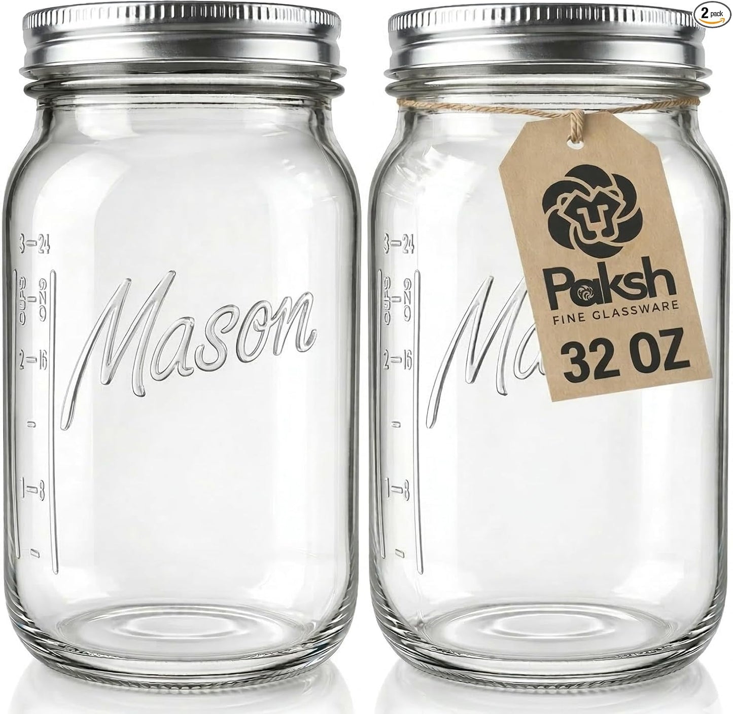 Paksh Novelty Wide Mouth Mason Jars 32 Oz - 2-Pack for Canning & Meal Prep