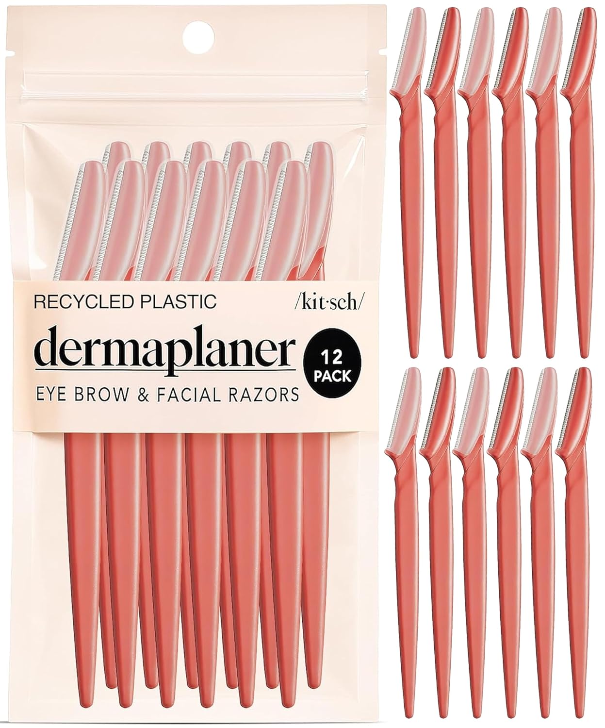 Kitsch Women's Facial Razor - Smoother Skin with 12 Reusable Blades (Coral)