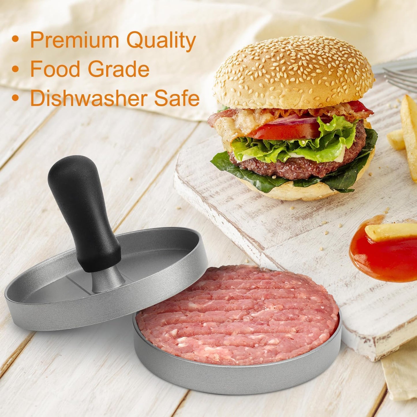 TACGEA Burger Press with 150 Non-Stick Patty Papers - Aluminum Grill Tool for Perfect Patties