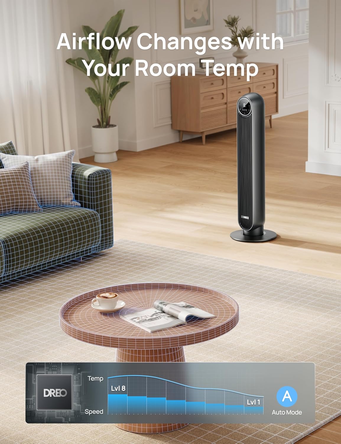 DREO Quiet Bedroom Tower Fan DR-HTF007 - Upgraded DC Motor, 20dB Ultra-Quiet, 8 Speeds
