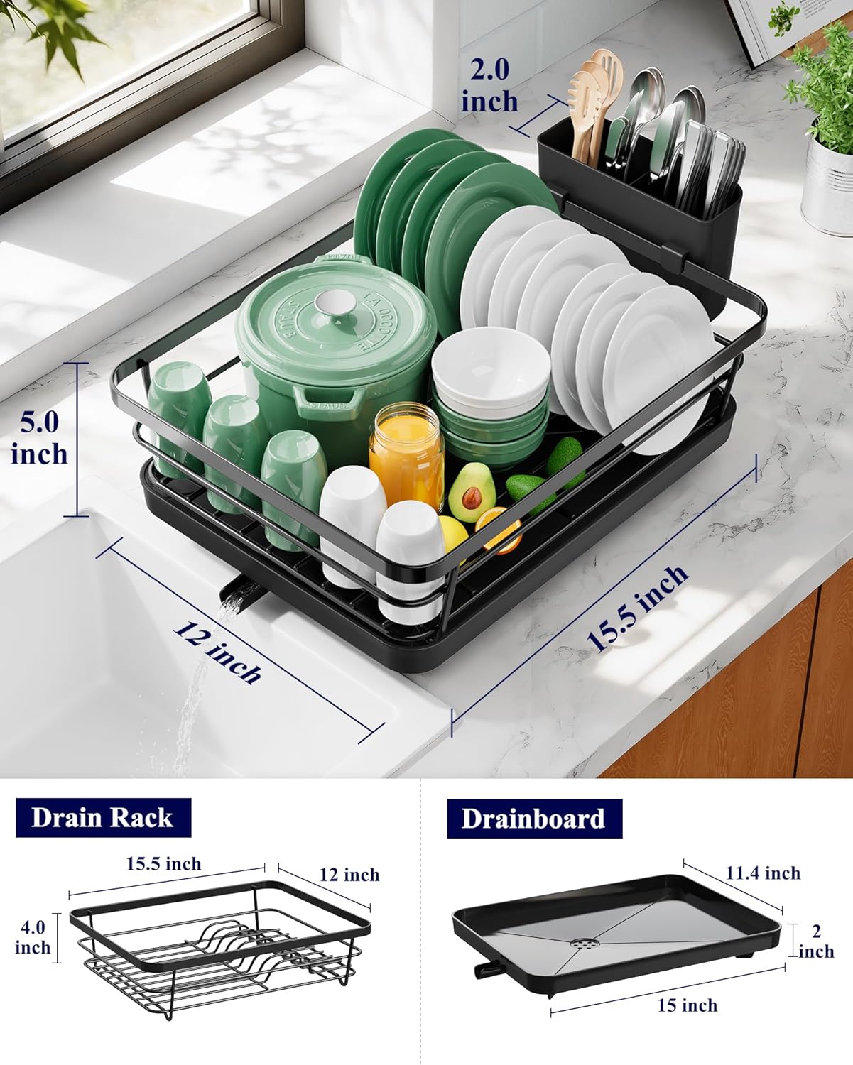 Kitsure Compact Dish Drying Rack for Small Kitchens - Stainless Steel Sink Organizer with Detachable Cutlery Holder, 12x15.5