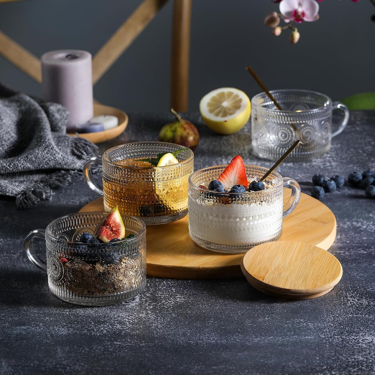 LANDNEOO Vintage Glass Coffee Mug Set (4-Piece) with Bamboo Lids & Spoons