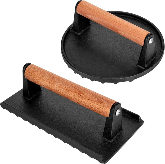 Whaleme Cast Iron Burger Press Set - 7" Round & 8x4" Rectangle Grill Press for Blackstone Griddle