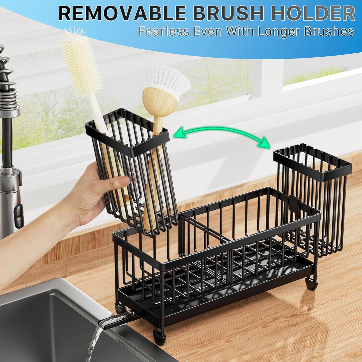 Cisily Kitchen Sink Sponge Holder with Rotating Spout & Brush - 304 SS