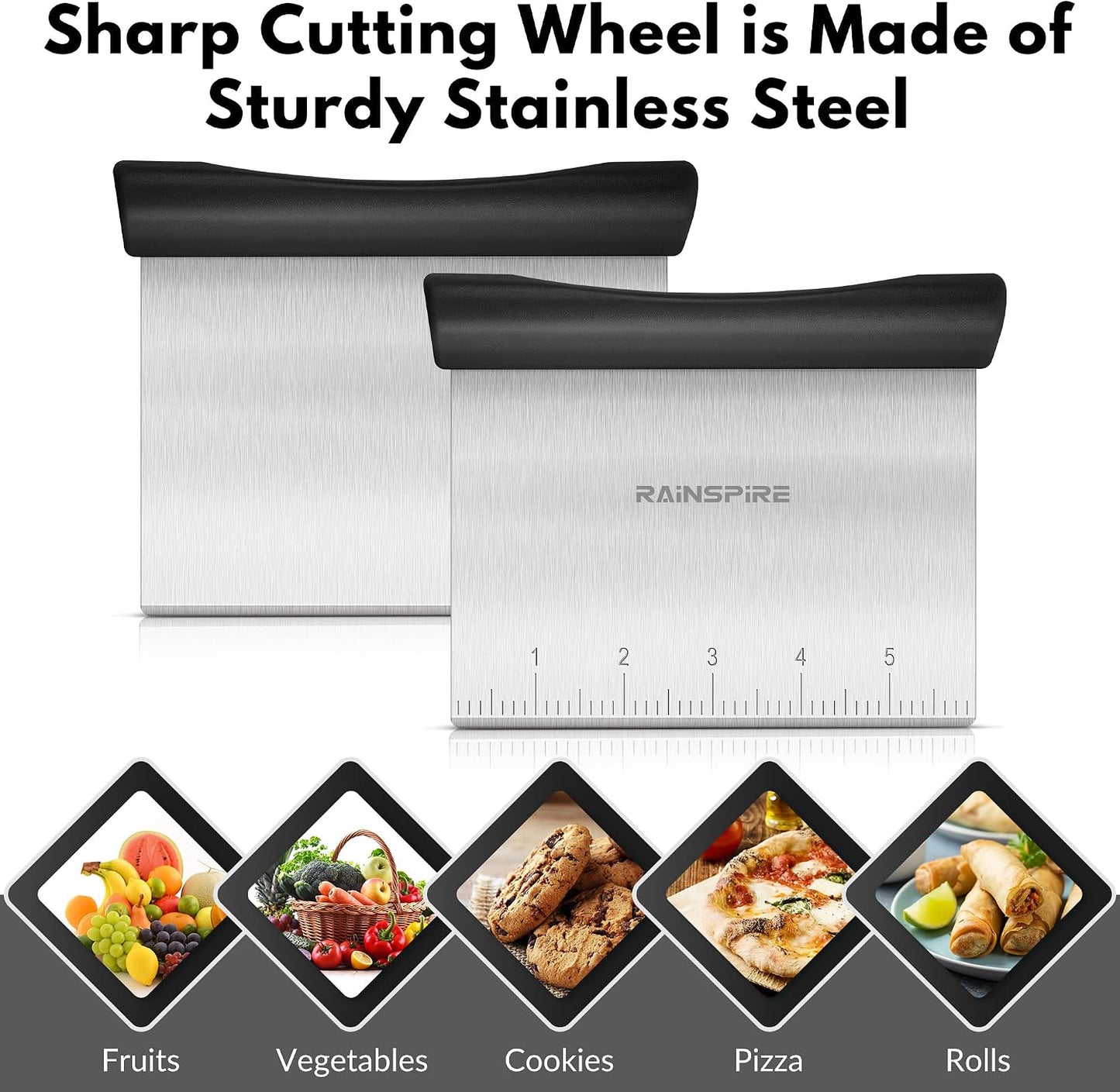 Rainspire Stainless Steel Dough Scraper & Pizza Cutter - Multi-Purpose Chopper for Baking Sheets & Veggies