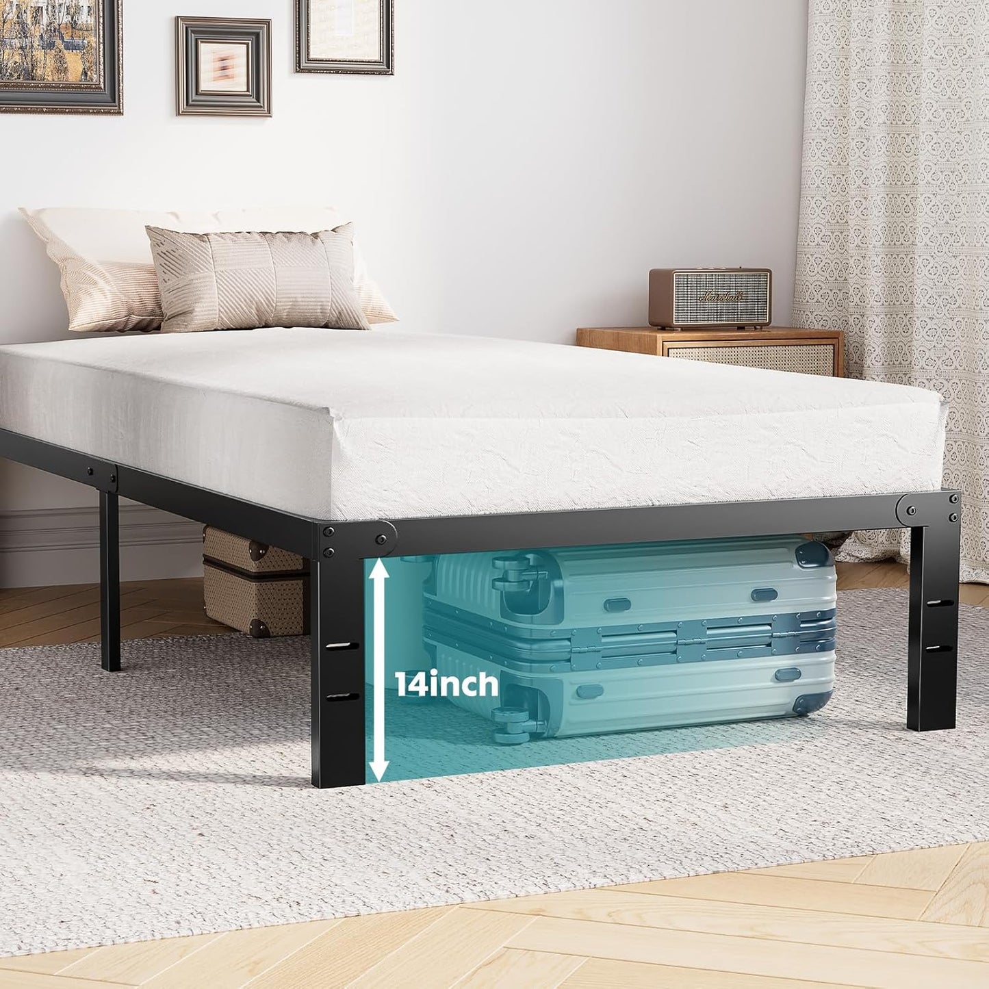 Sweetcrispy Heavy-Duty Twin Bed Frame with Storage & No Box Spring Needed (14" Steel)