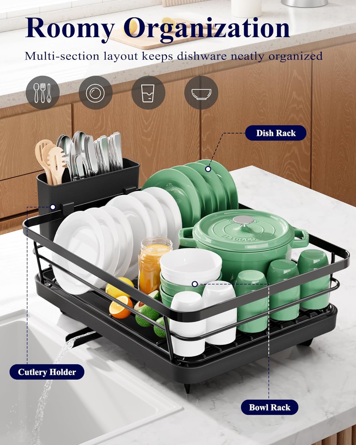Kitsure Compact Dish Drying Rack for Small Kitchens - Stainless Steel Sink Organizer with Detachable Cutlery Holder, 12x15.5