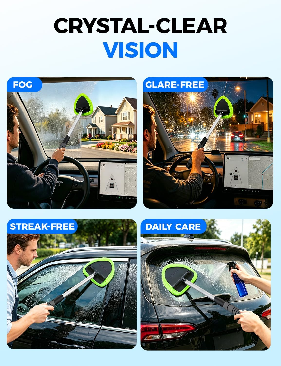XINDELL Extendable Car Windshield Cleaner Kit with Microfiber Pads