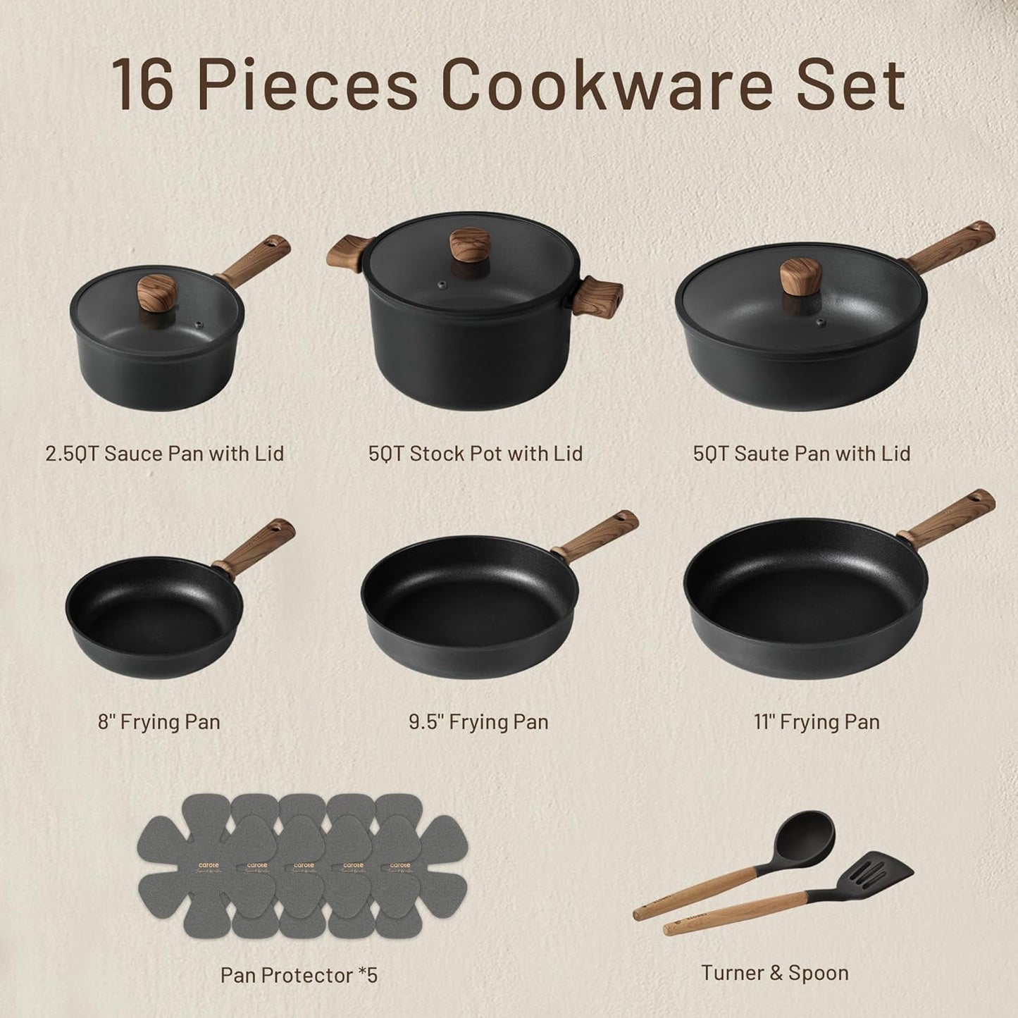 CAROTE 16-Piece Nonstick Cookware Set - Titanium Pots & Pans for Induction