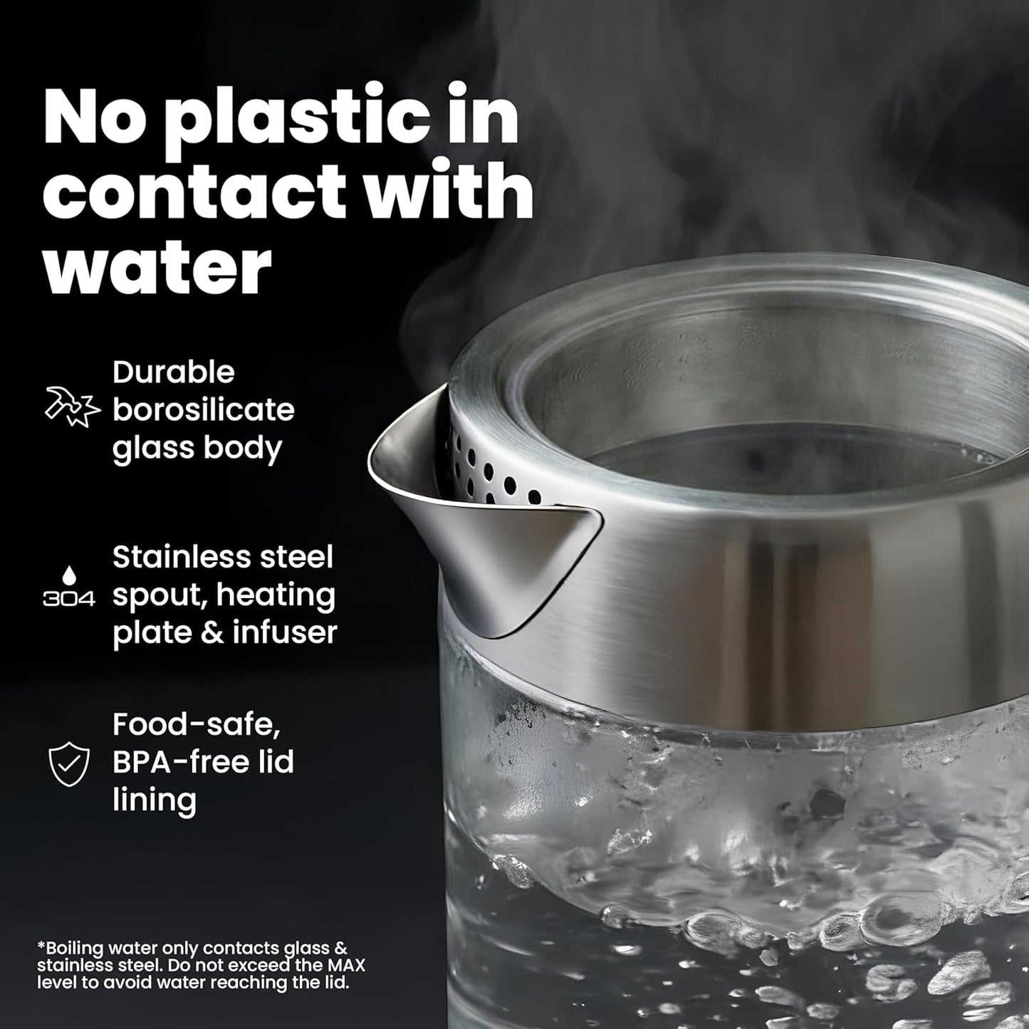 Viante Alba Electric Tea Kettle No Plastic | Borosilicate Glass & Stainless Steel