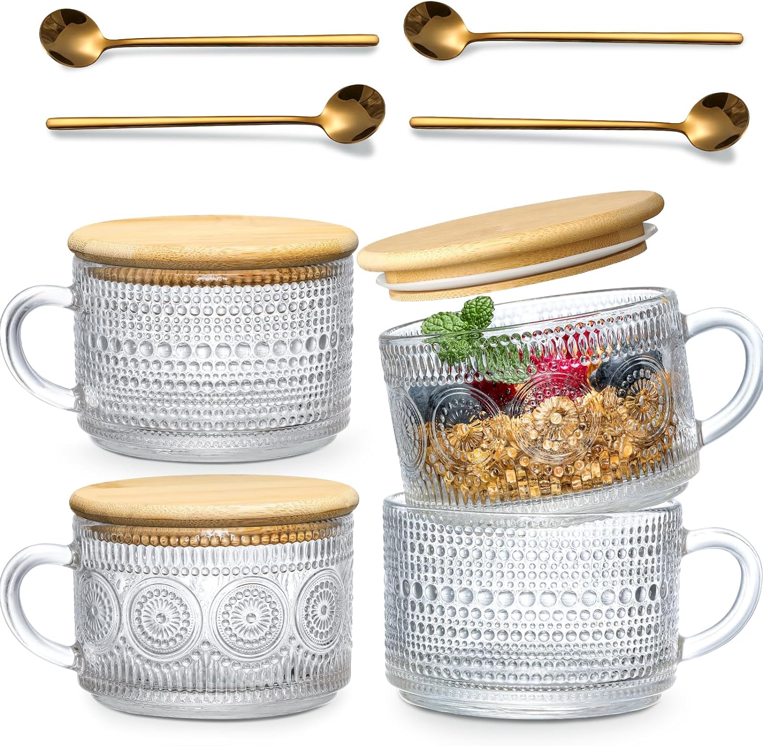 LANDNEOO Vintage Glass Coffee Mug Set (4-Piece) with Bamboo Lids & Spoons