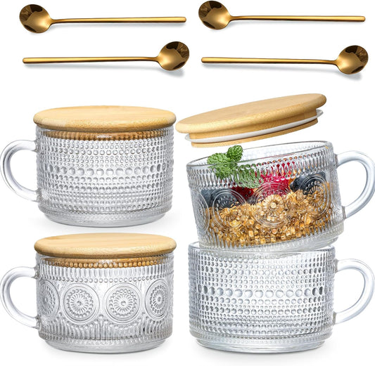 LANDNEOO Vintage Glass Coffee Mug Set (4-Piece) with Bamboo Lids & Spoons